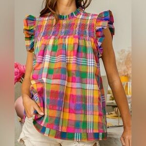 NEW BiBi Plaid Smocked Ruffle Sleeve Top xl